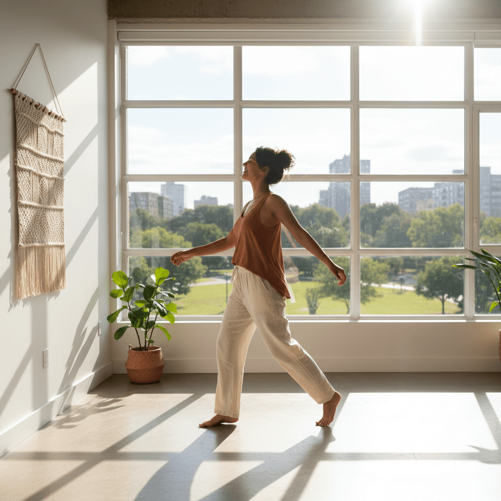 Person standing with confident, open posture in bright natural light