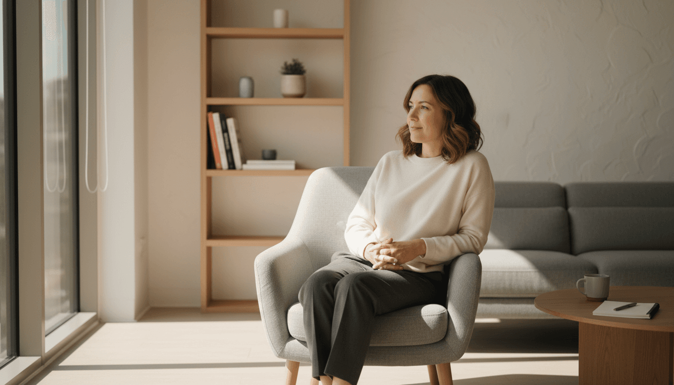 Person in a comfortable coaching environment with soft natural light, looking thoughtful and confident