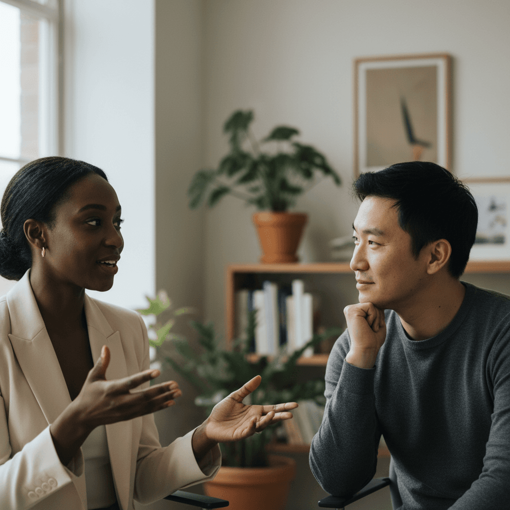 Two people in genuine conversation, one speaking confidently while the other listens attentively