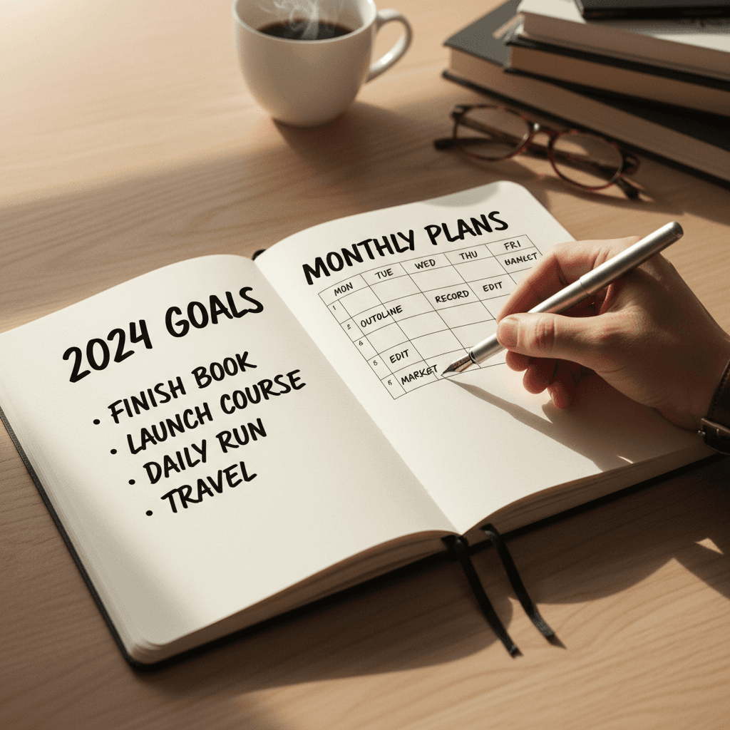 Handwritten goals and plans in a notebook with pen ready to write