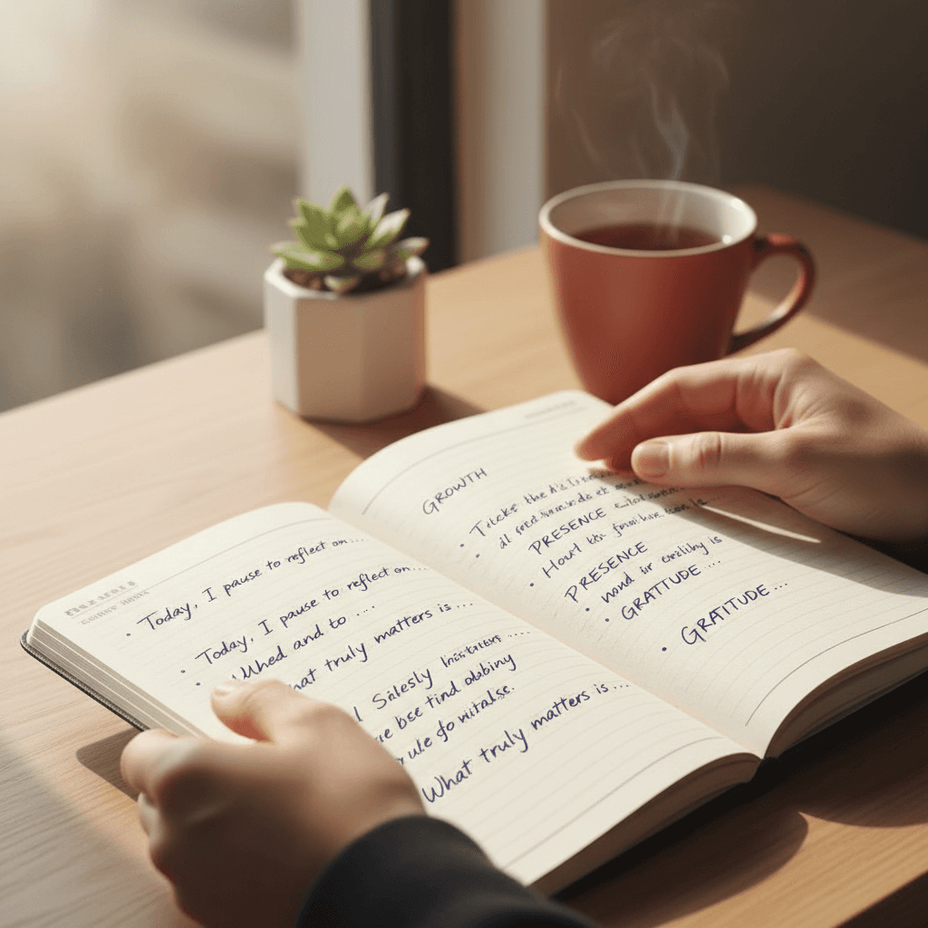 Client writing goals and reflections in a journal during coaching