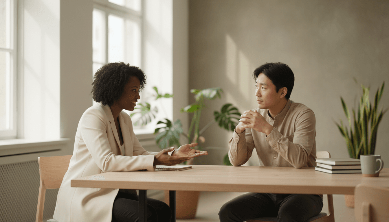 Coach and client in a focused, trust-building conversation during a coaching session